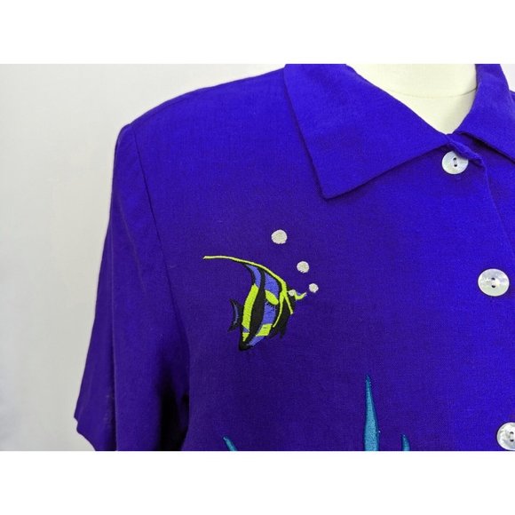 GONE Vintage 90s Top Dark Blue Fish Embroidered Short Sleeve Blouse Women's 20W - Picture 3 of 11